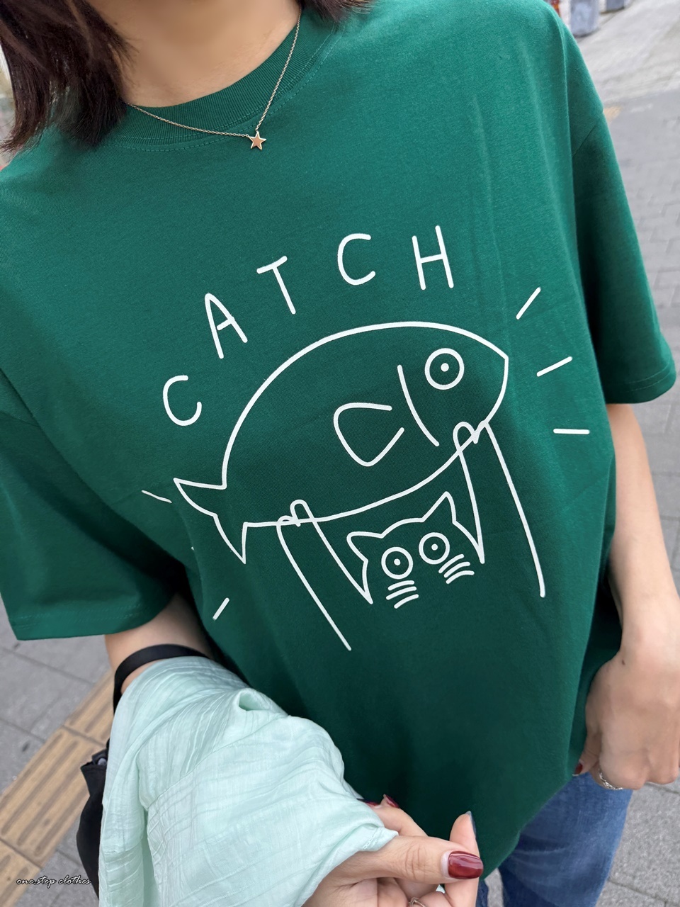 正韓俏皮小貓抓魚T (綠)