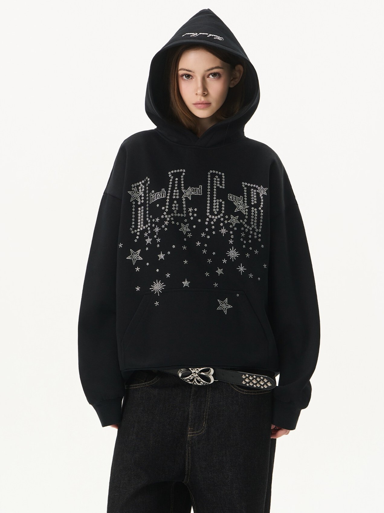 Harsh and Cruel 流光銀河燙鑽衛衣 休閒寬鬆 帽T  HY26103035