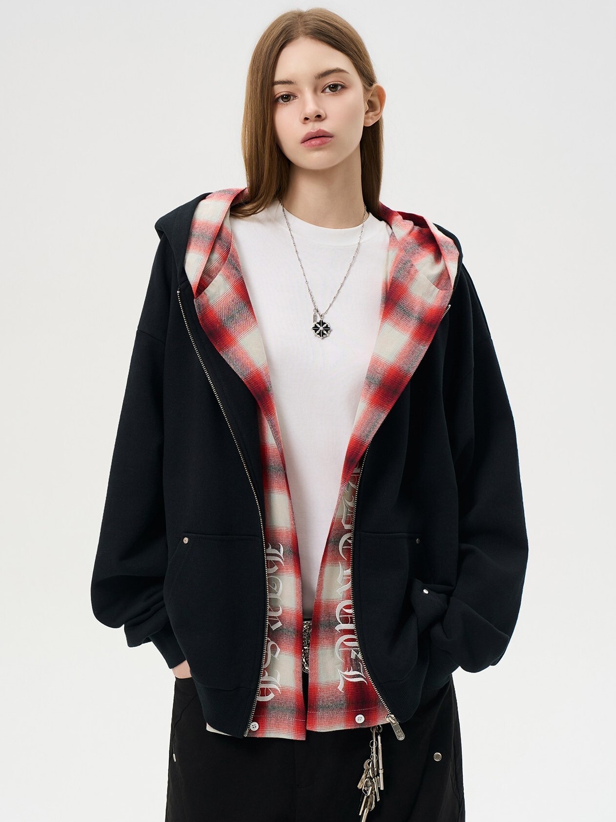 Harsh and Cruel 雙色格紋造型 雙層連帽假兩件 休閒寬鬆外套  HL26103010