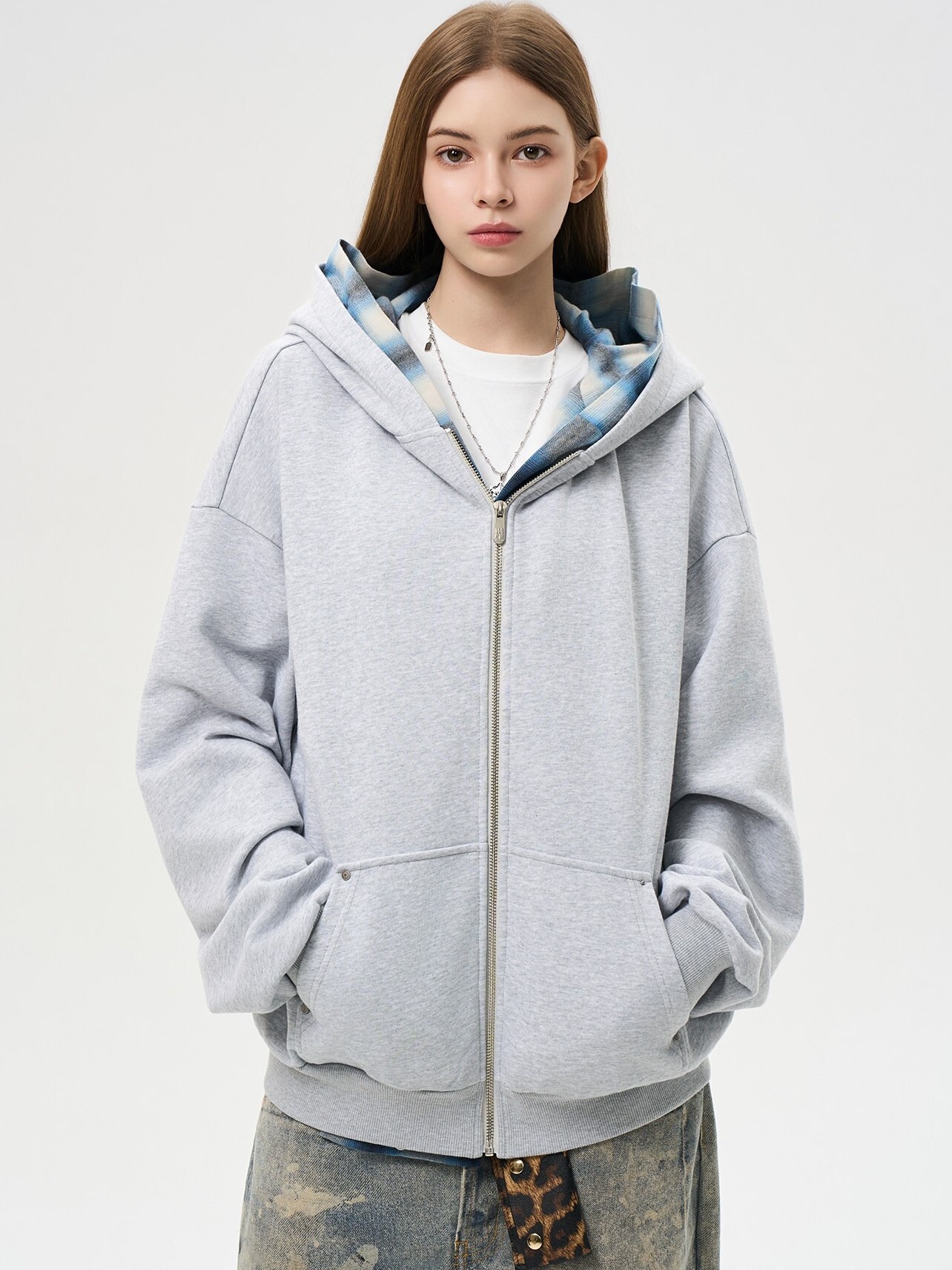 Harsh and Cruel 雙色格紋造型 雙層連帽假兩件 休閒寬鬆外套  HL26103010