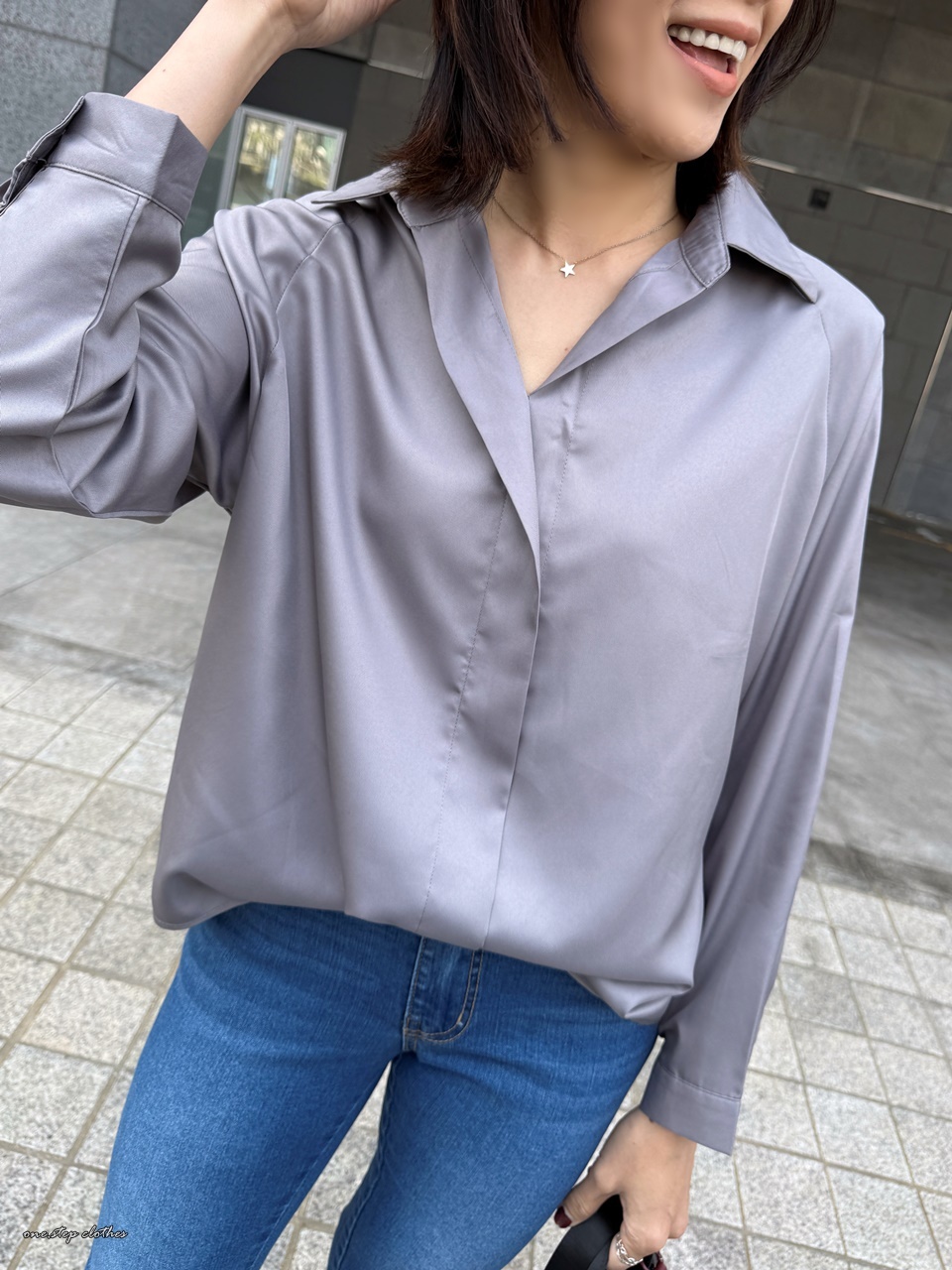 正韓低調光澤感修身V領衫 (灰)