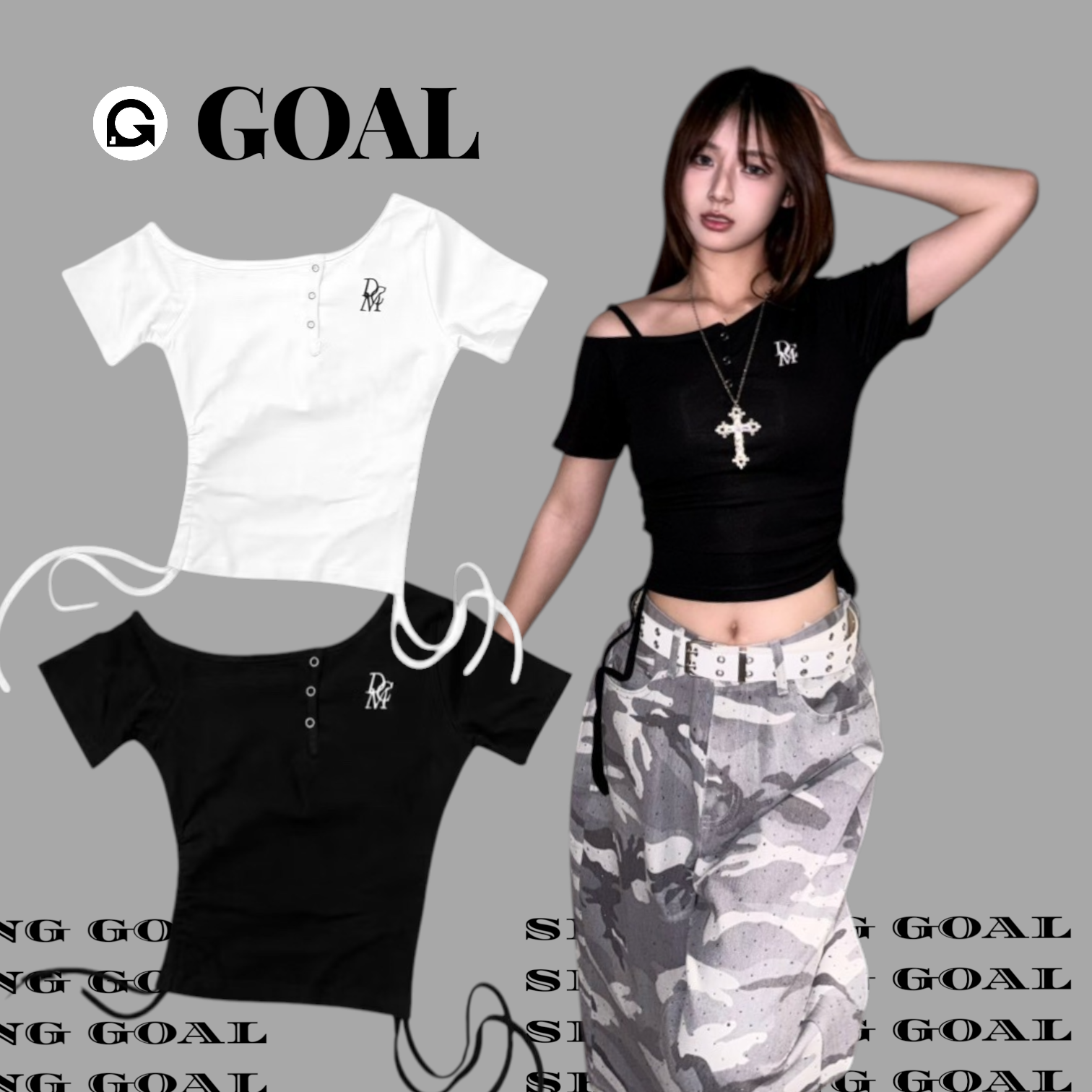 (GOAL) DCM 鈕扣 斜肩 平口雙邊抽繩 合身短版