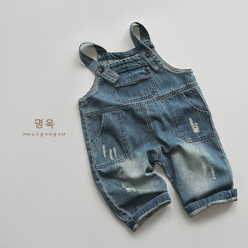【H0578】刷色抓破前後雙口袋牛仔吊帶褲 (80-130)