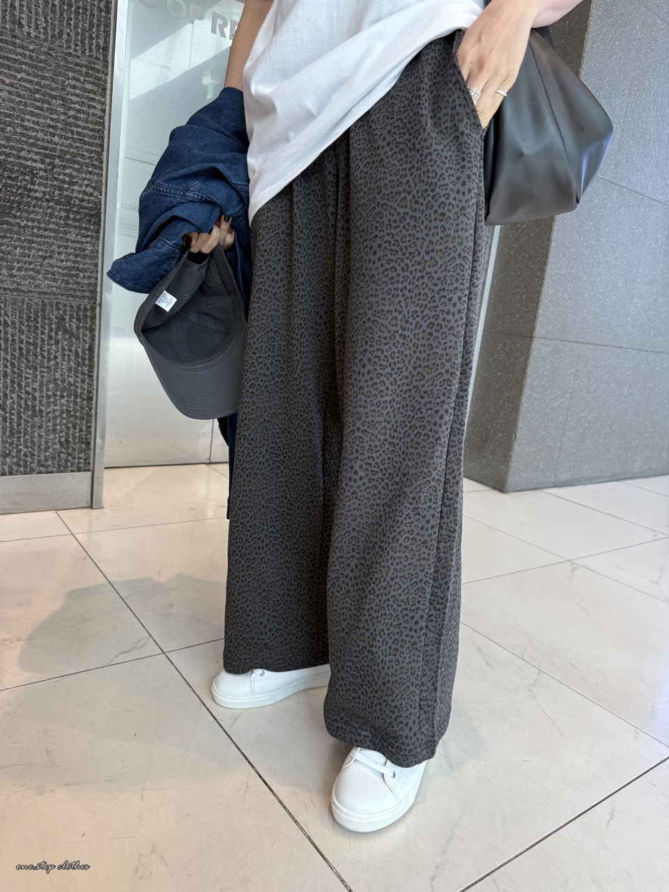 正韓低調灰系小豹紋鬆緊休閒褲