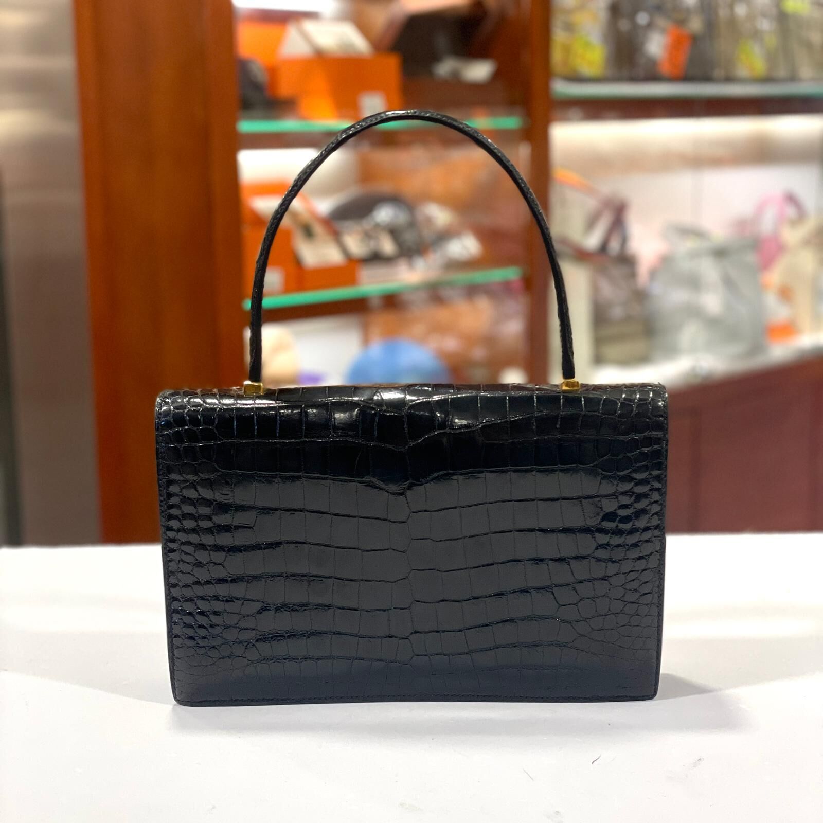 95%NEW二手HERMES PIANO MODERNIST  CROCODILE VINTAGE 黑色亮面野生鱷魚皮金扣 #愛馬仕中古包 #香榭站正品