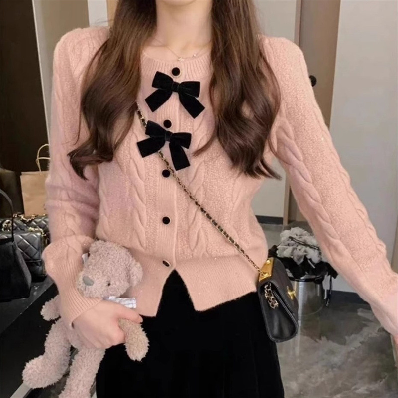 Chic Twisted Knit Bow-Embellished Glitter Sweater Jacket
