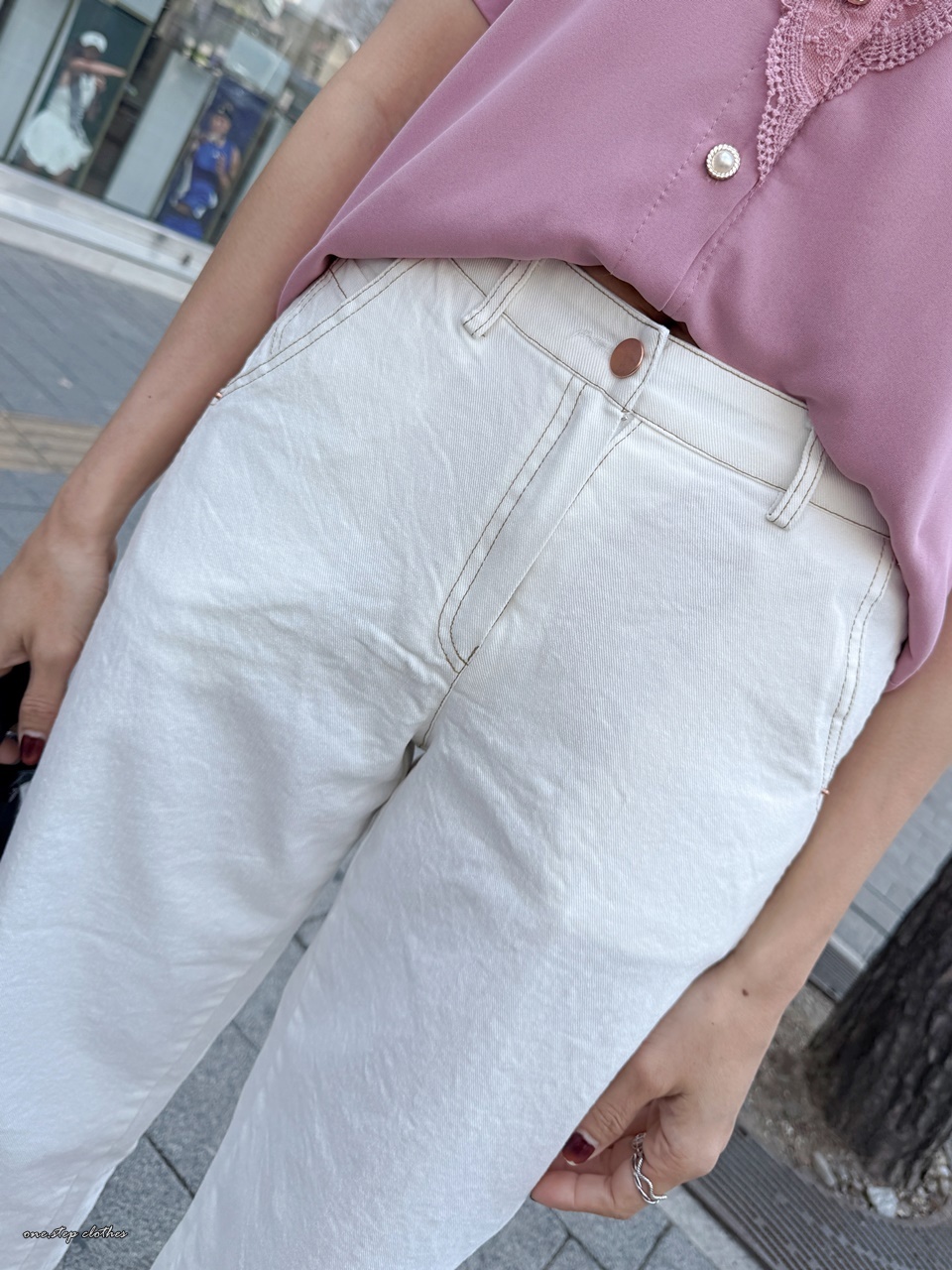 正韓creamy奶油白車線鬆緊小男友