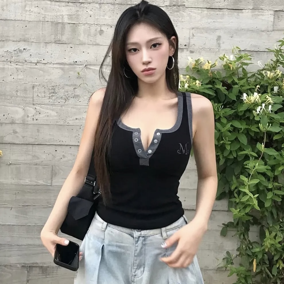 MUCENT 撞色鈕扣 無袖背心 短版 羅紋 六色 韓國代購