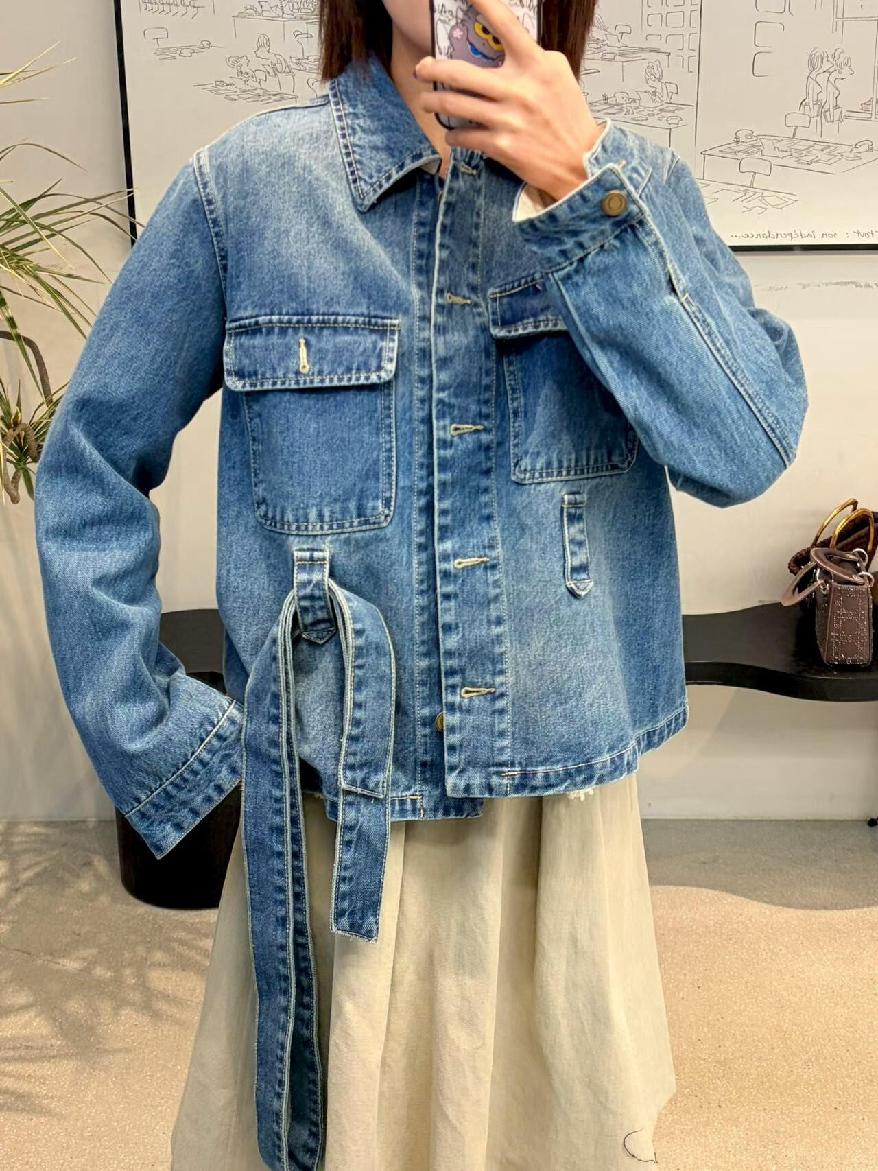 AB6054 隨性腰帶藍色牛仔外套