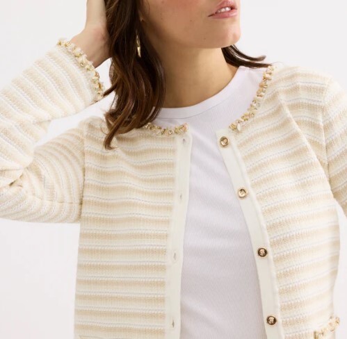 1LU0330-006 [LEO & UGO] Striped Ecru Cardigan with Golden Jewel Details Off White/Beige #AE125-OFFBG (EU)