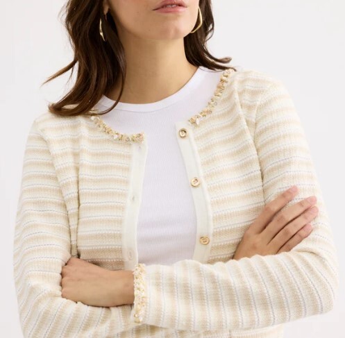1LU0330-006 [LEO & UGO] Striped Ecru Cardigan with Golden Jewel Details Off White/Beige #AE125-OFFBG (EU)