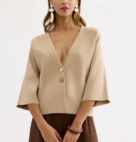 1LU0330-007 [LEO & UGO] Structured V-neck Top with Wide Sleeves Beige #AE128-BGE (EU)