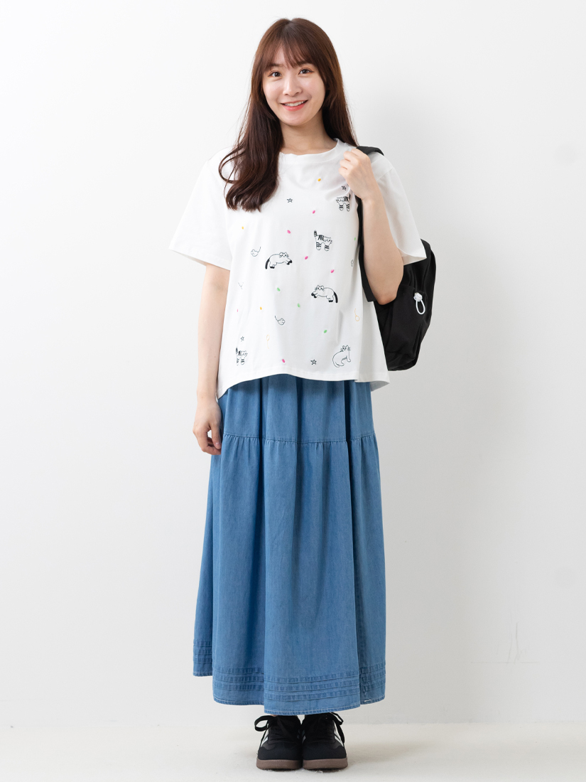 貓咪刺繡上衣輕盈薄棉下擺壓褶牛仔裙組合