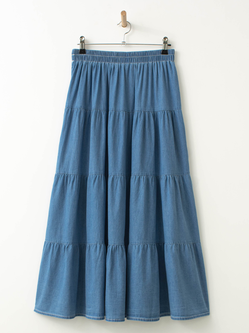 日常素面層次蛋糕薄棉牛仔長裙
