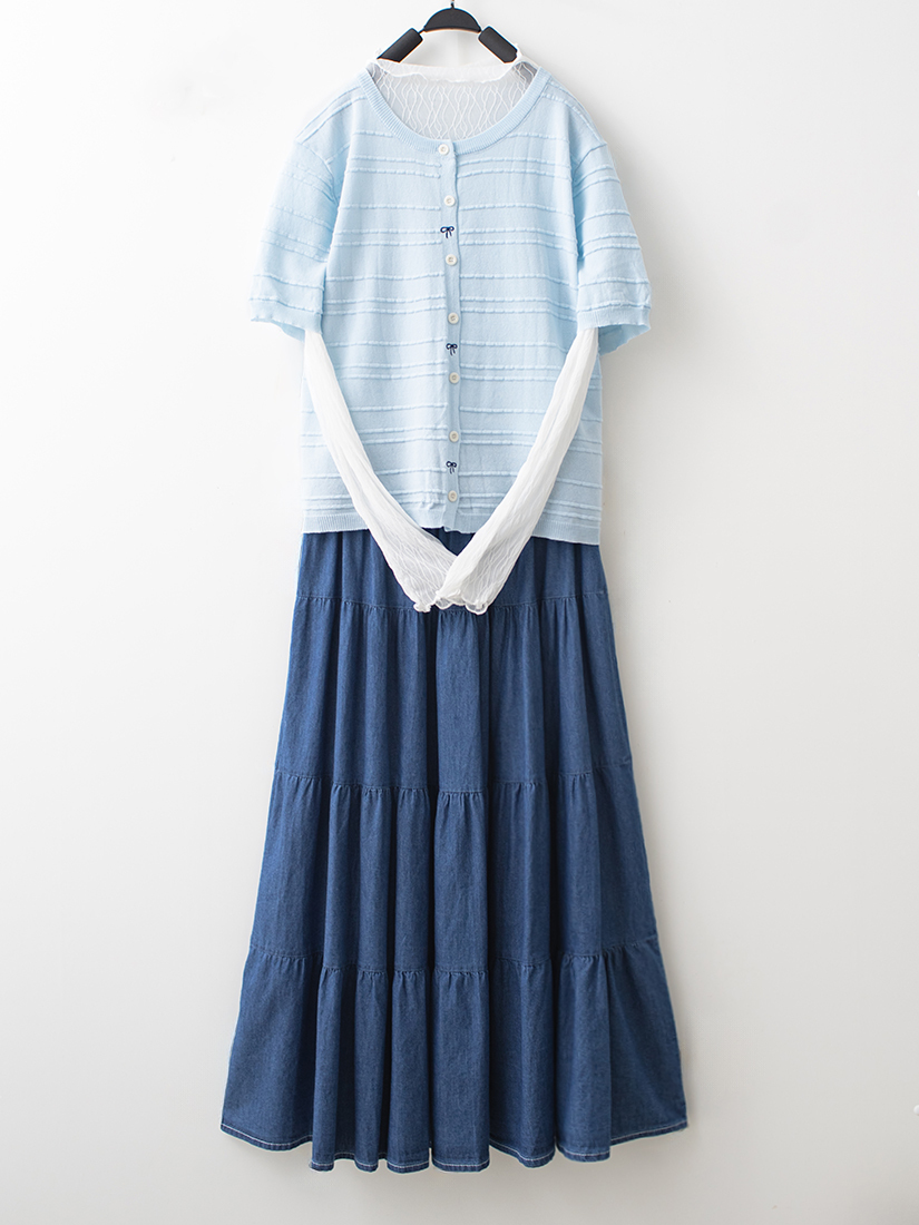 織紋棉麻針織上衣透膚小立領上衣薄棉牛仔長裙組合