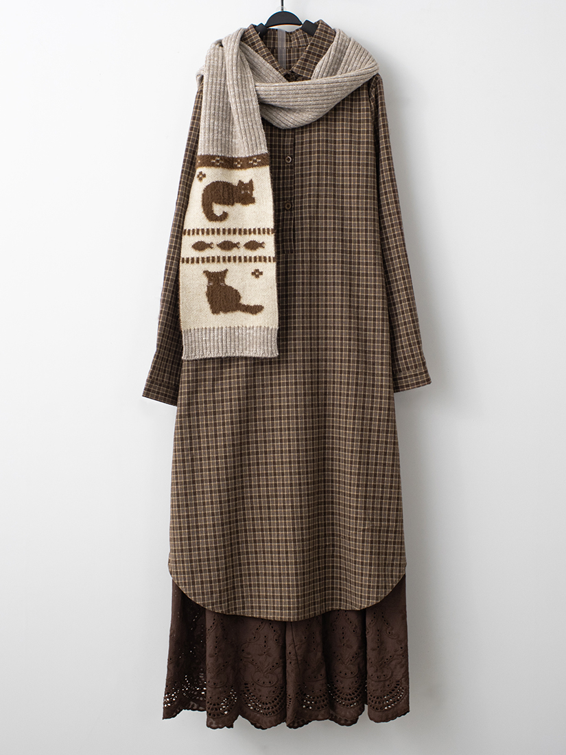 輕磨毛格紋洋裝繡花寬褲