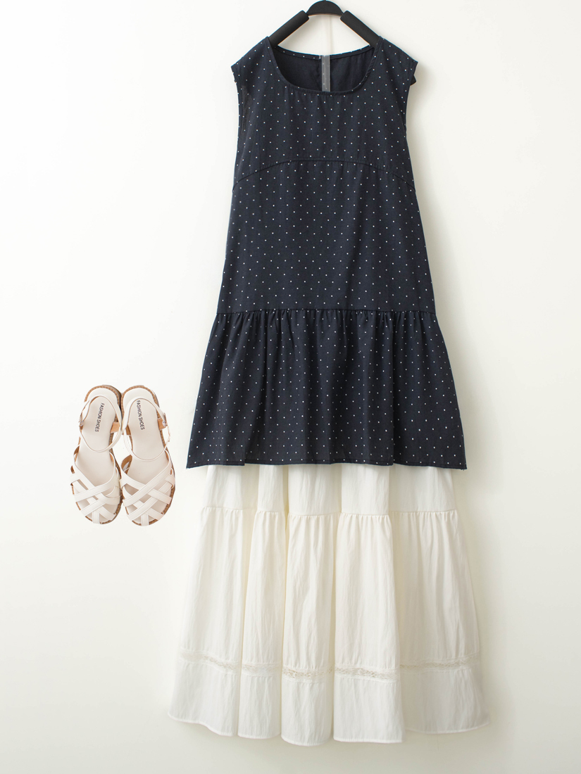 圓點印花無袖上衣簍空蕾絲織帶蛋糕裙組合