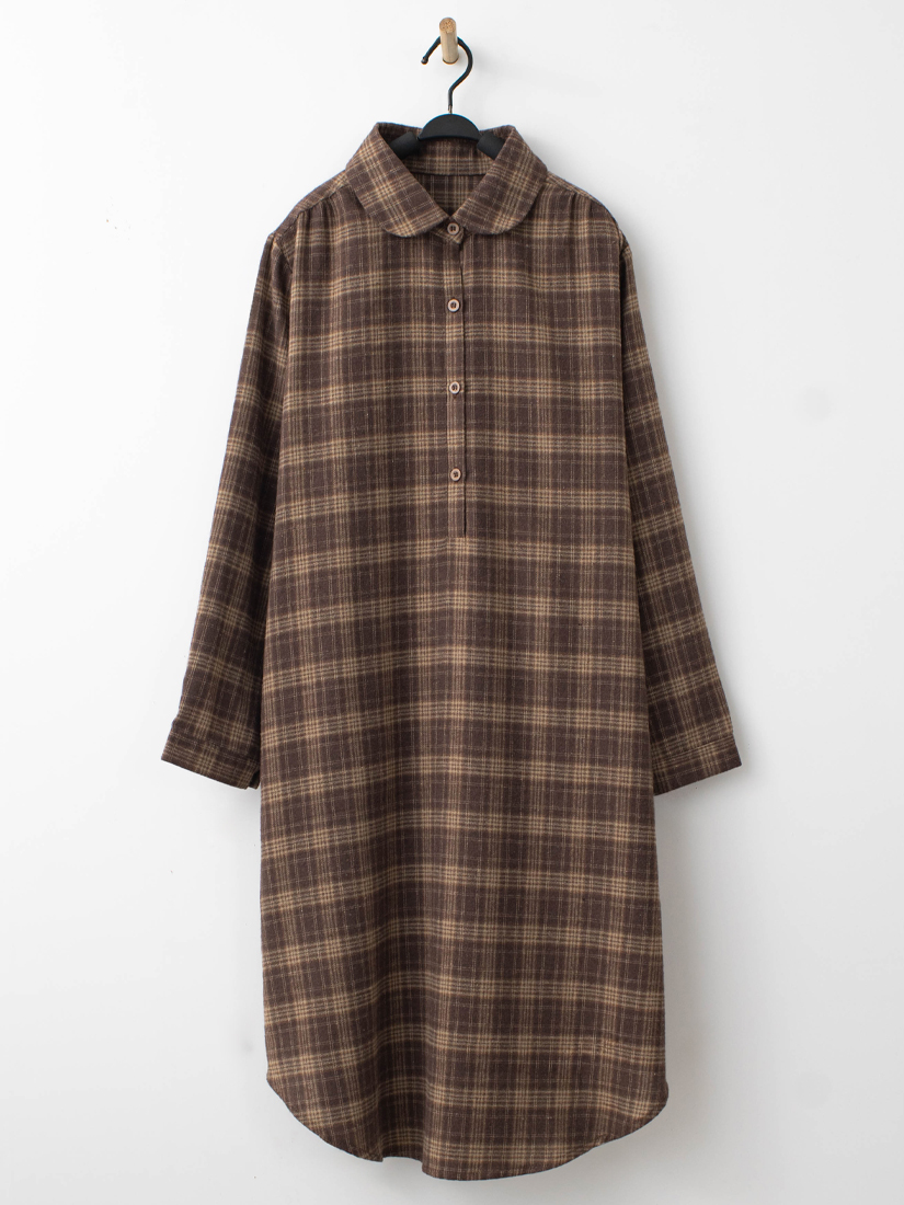 法蘭絨格紋洋裝貓咪口袋竹節棉牛仔九分褲組合