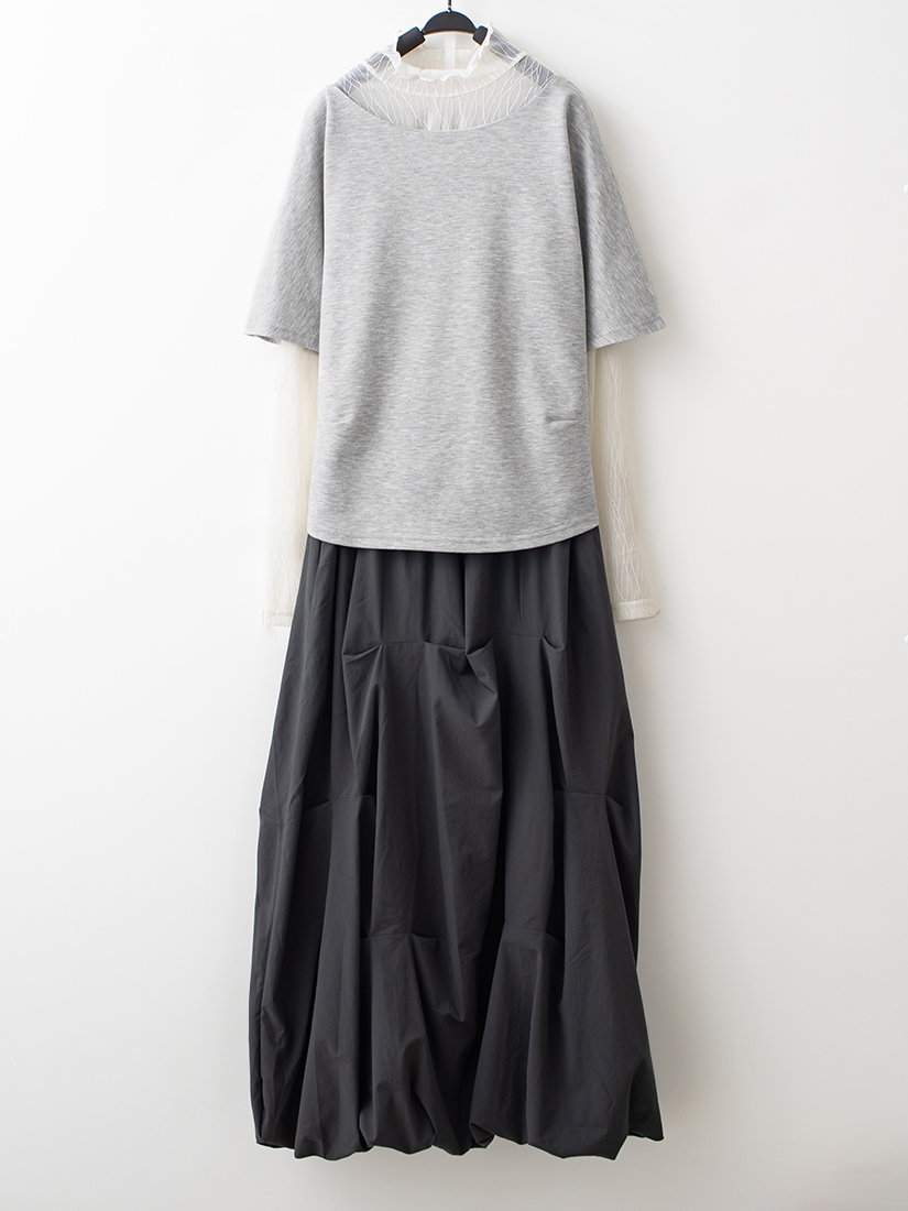 連袖空氣棉上衣透膚立領上衣抓皺花苞長裙組合