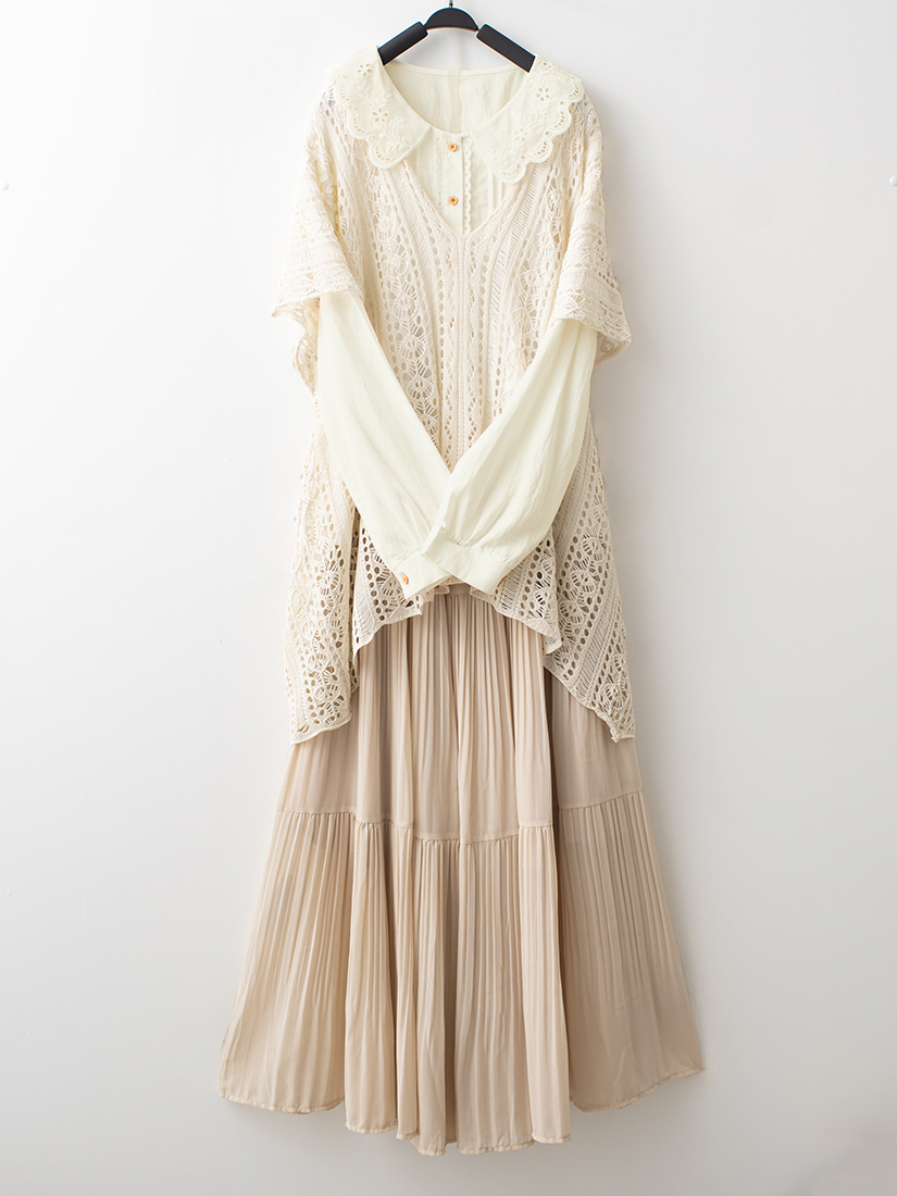 簍空針織罩衫蕾絲繡花領襯衫雪紡壓褶蛋糕長裙組合