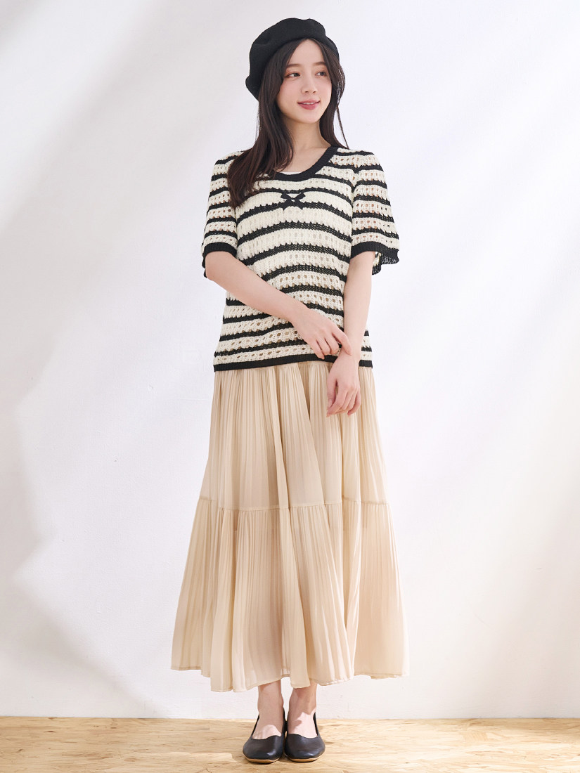 條紋簍空蝴蝶結上衣雪紡壓褶蛋糕裙組合