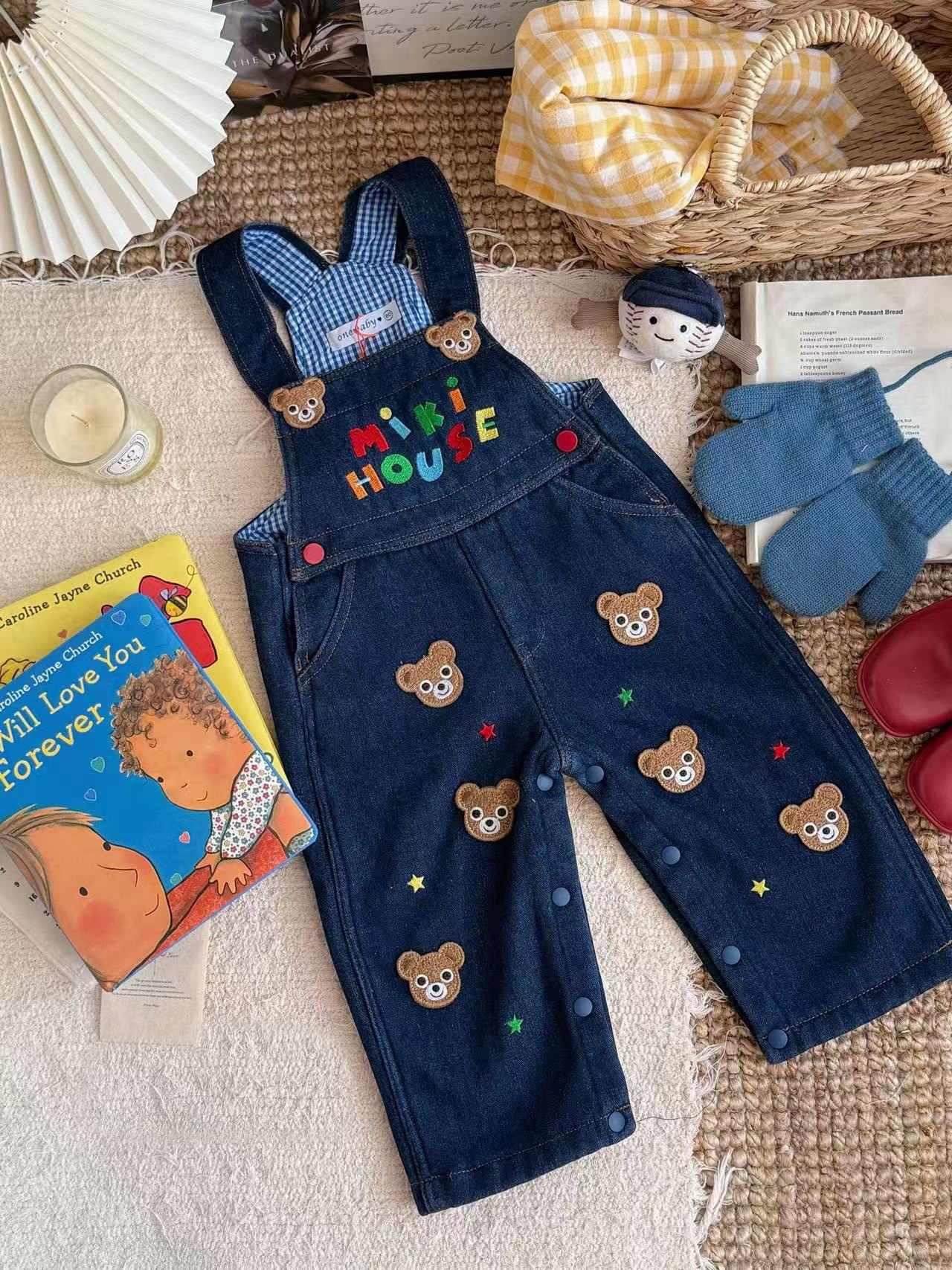 𝐌𝐢𝐤𝐢 𝐇𝐨𝐮𝐬𝐞 小熊刺繡徽章牛仔背帶長褲