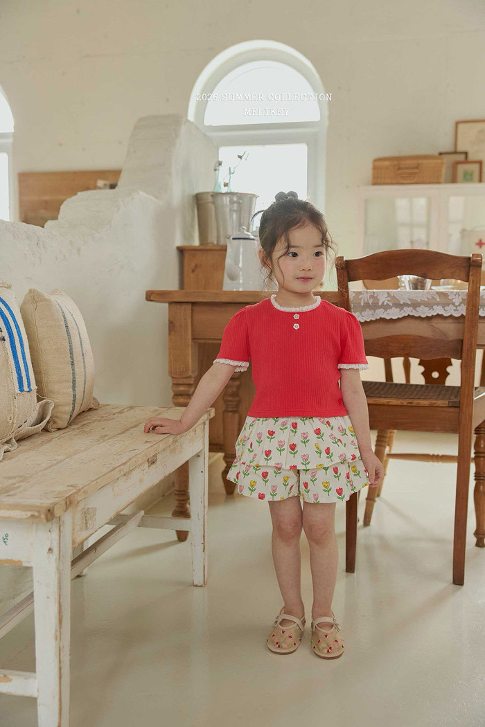 正韓夏MELIKEY 三色蕾絲小花釦甜美上衣