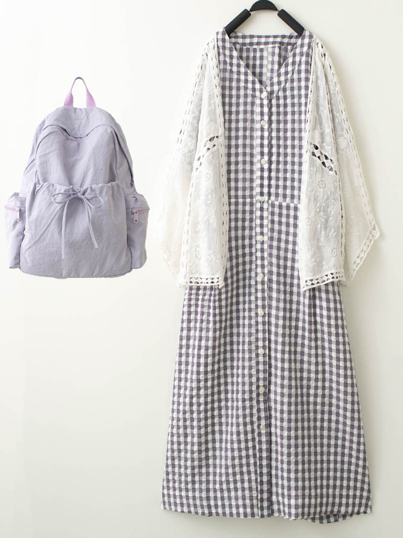 繡花簍空編織罩衫紋理泡泡布格紋洋裝組合