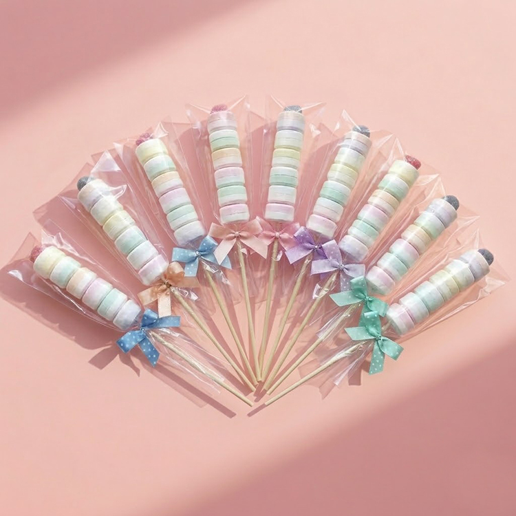 馬卡龍色系嗶嗶糖串呈扇形平擺在粉色質感桌面上