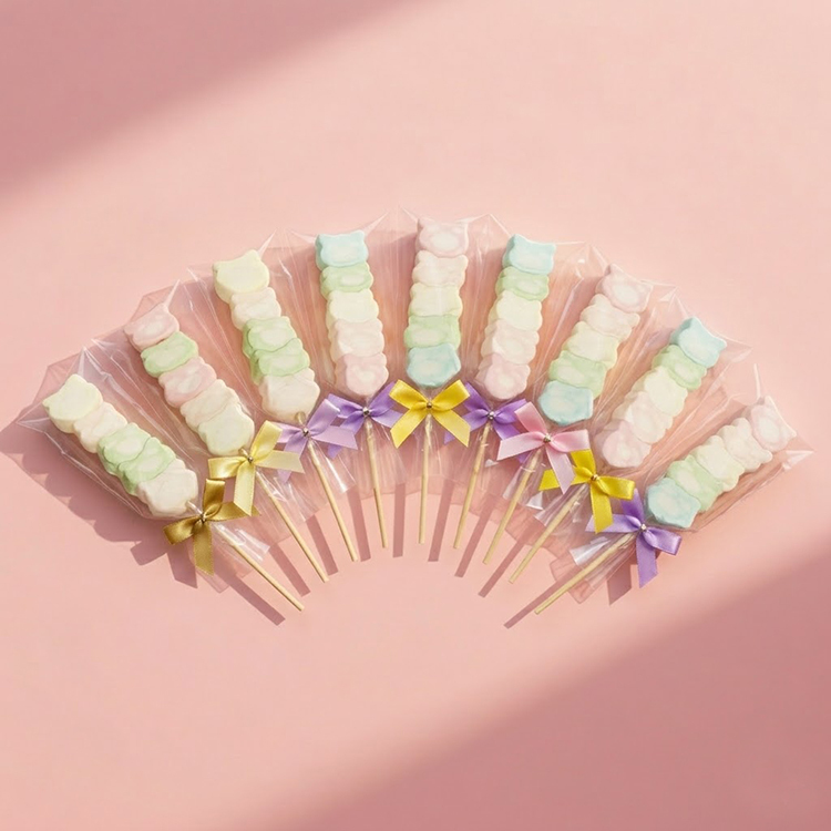 5入熊熊棉花糖串，搭配混色蝴蝶結，精緻包裝適合作為婚禮小物，背景為質感淡粉色 #FDEBED 桌面。