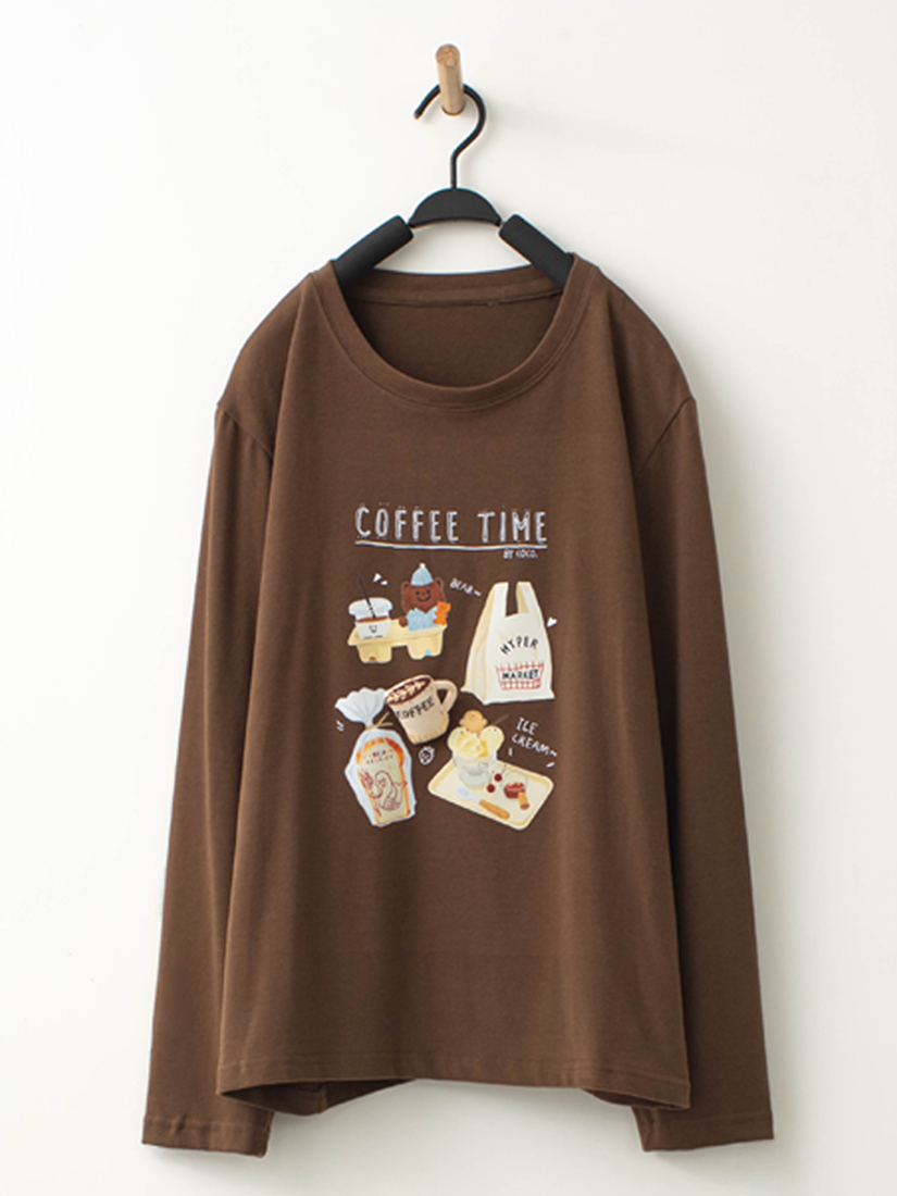 咖啡午茶印花手縫別針棉柔磨毛大學T