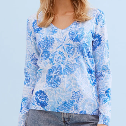 1LU0330-077 [LEO & UGO] Printed V-Neck Sweater Blue And White #DE002-WHITE/ BLU (EU)