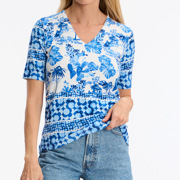 1LU0330-078 [LEO & UGO] Printed V-Neck Sweater Blue White #DE003-BLUE / WHITE (EU)