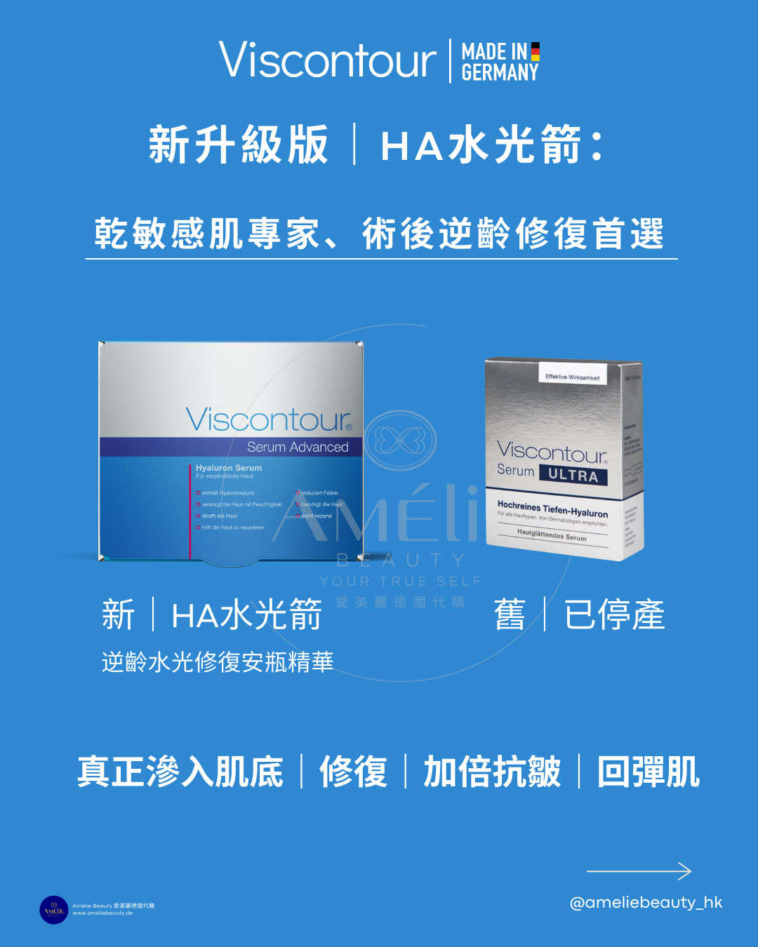 德國 Viscontour Serum Advanced 維詩朵新升級版 HA 水光箭逆齡修復安瓶精華,深藍色包裝對比已停產的銀色舊版 Serum Ultra,主打滲入肌底修復及抗皺,適合乾敏感肌與術後護理 / Viscontour Serum Advanced HA Hyaluron ampoules in new blue packaging compared with discontinued Serum Ultra, featuring deep skin repair and anti-wrinkle benefits for dry sensitive skin and post-treatment recovery.