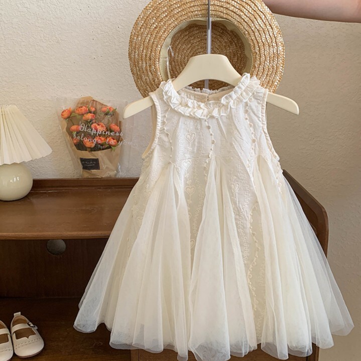 無袖花邊刺繡拼接紗裙洋裝 90-140cm #T25131