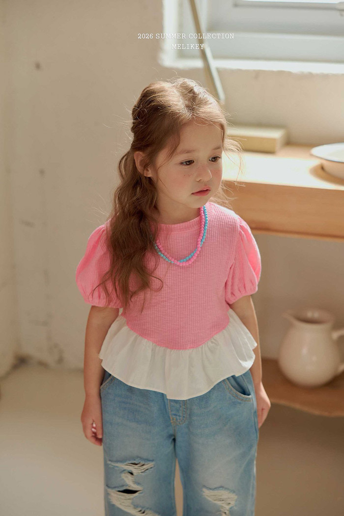 正韓夏MELIKEY 兩色花邊拼接娃娃袖上衣