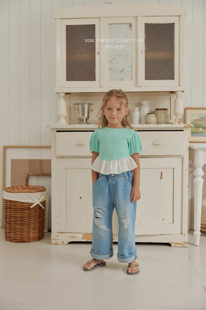 正韓夏MELIKEY 兩色花邊拼接娃娃袖上衣