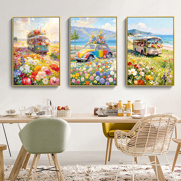 治癒花海復古汽車無框掛畫