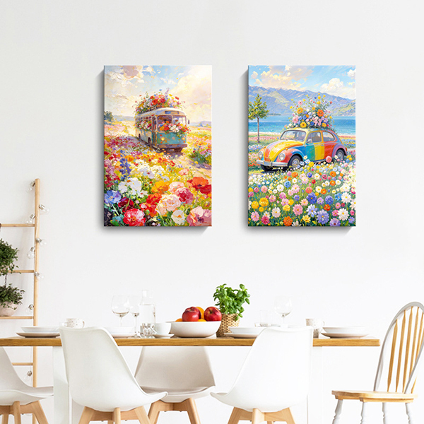 治癒花海復古汽車無框掛畫
