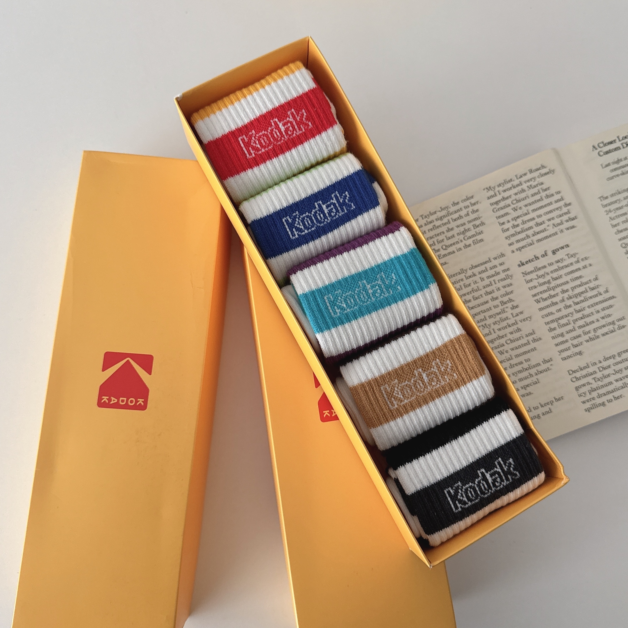 （現貨） 韓牌  KODAK 柯達 彩色條紋款 中筒襪 五入組 K6143LSC50