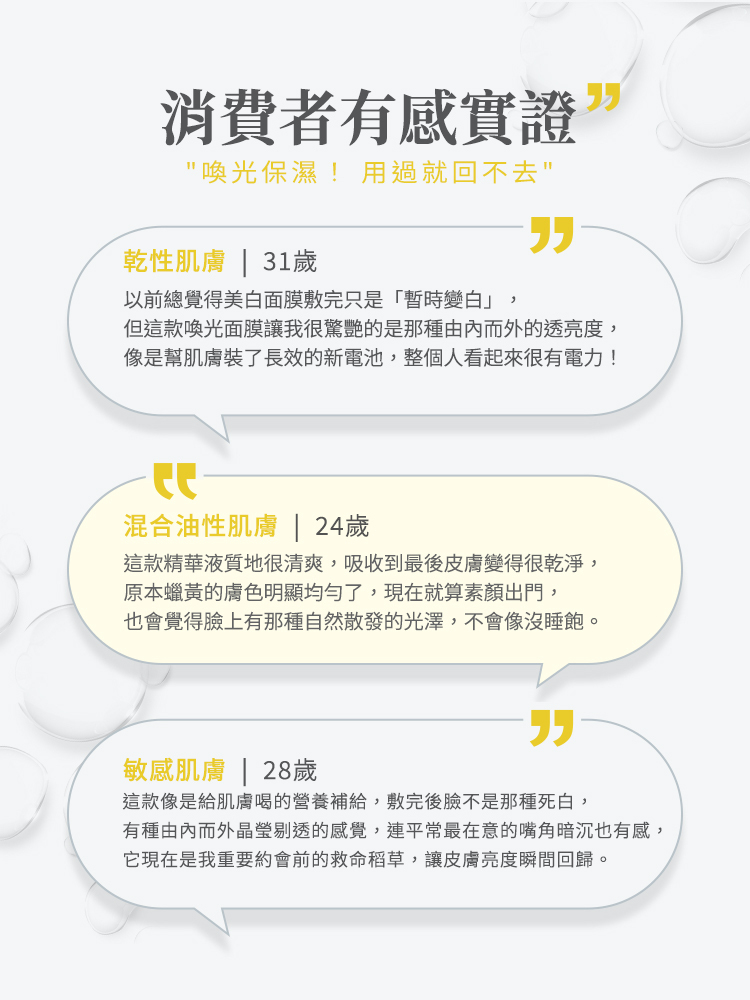 喚光保濕！用過就回不去」。31 歲乾性肌使用者驚豔於其由內而外的透亮度，像幫肌膚裝了長效新電池；24 歲混合油性肌則稱讚吸收後皮膚乾淨、改善蠟黃，素顏也能散發光澤；28 歲敏感肌使用者則認為它像營養補給，能改善嘴角暗沉，是約會前的救命稻草。