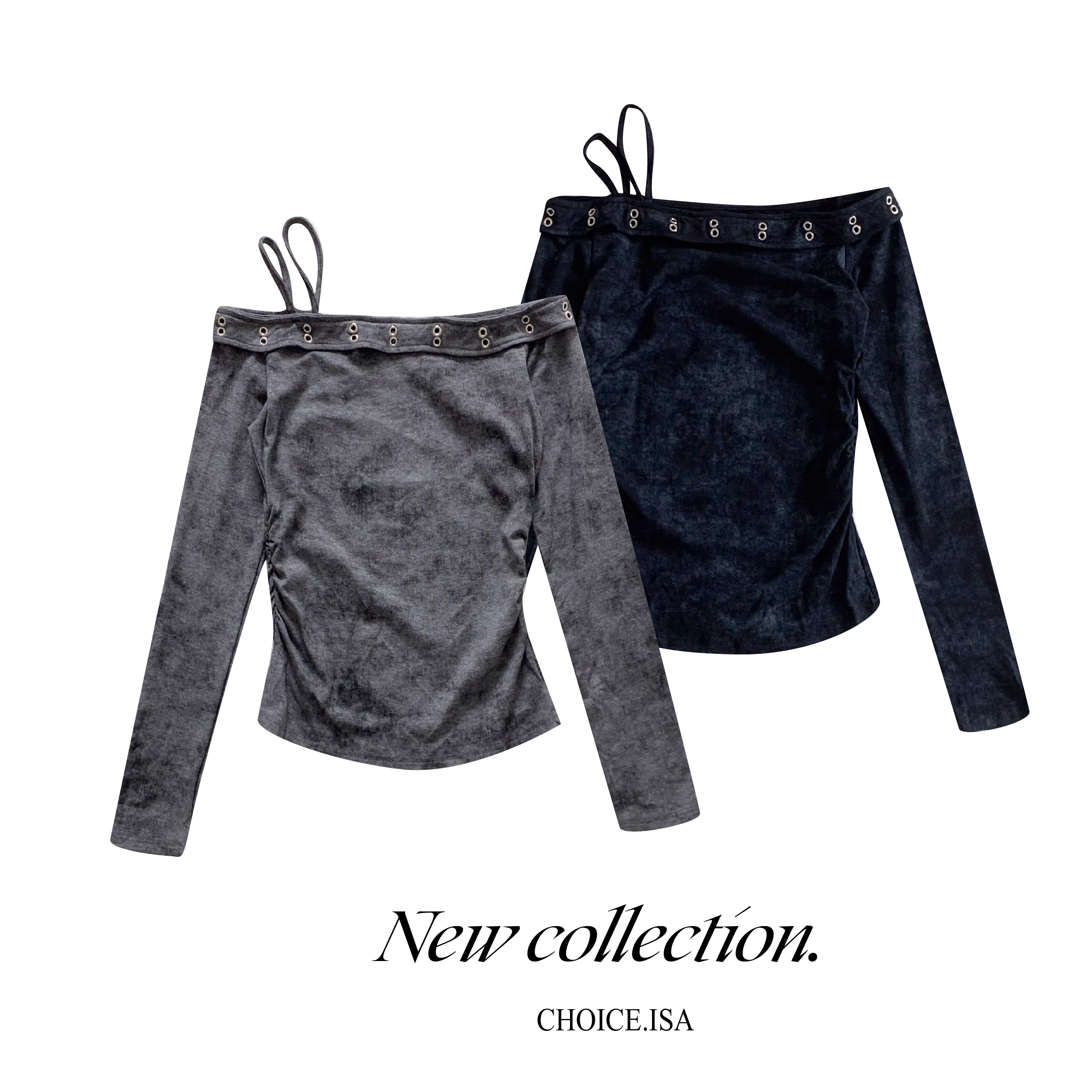 ISA_街頭感韓女 廢土風金屬環一字領上衣_63040