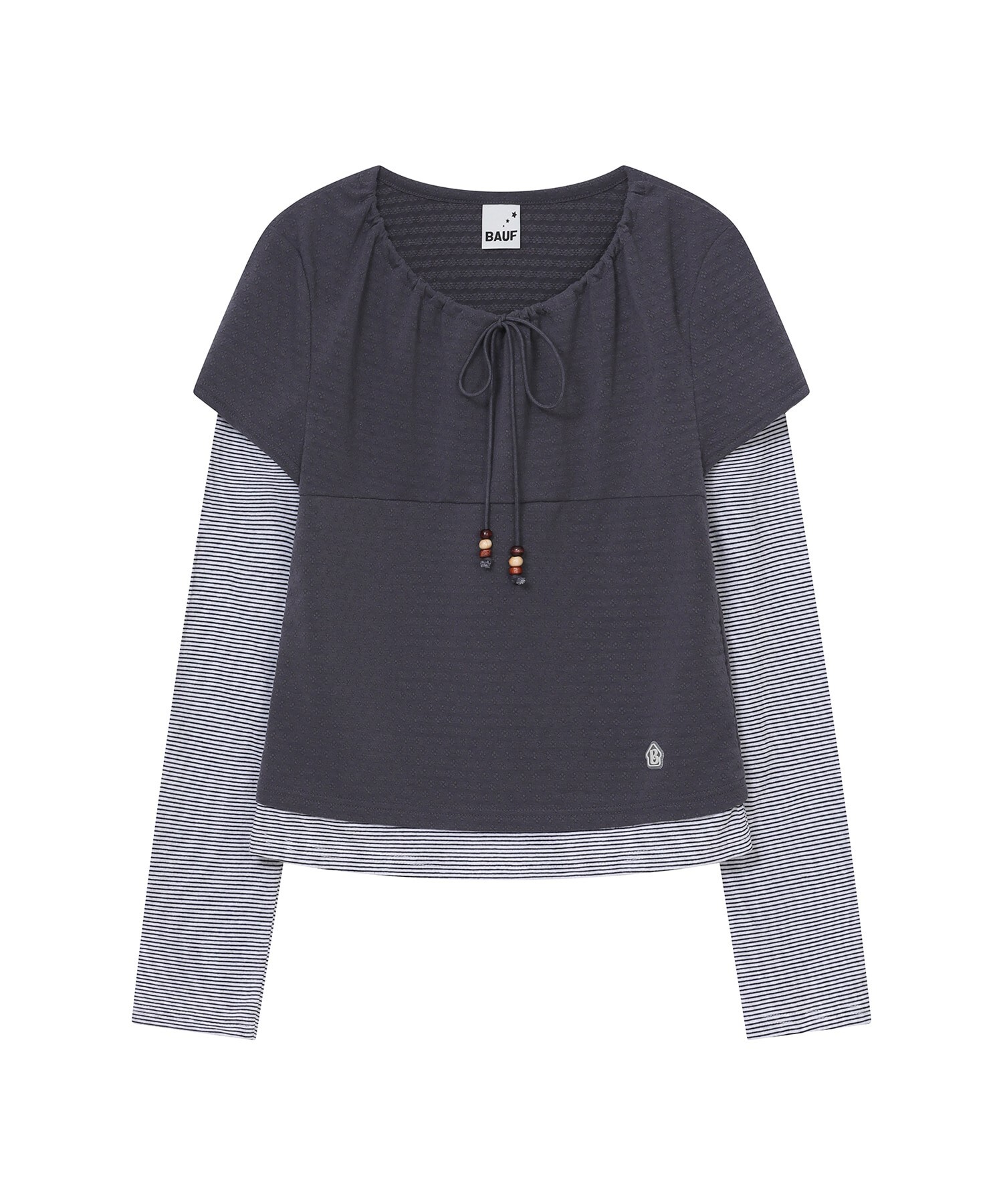 BAUF 條紋 皺褶 疊穿 假兩件 薄長袖