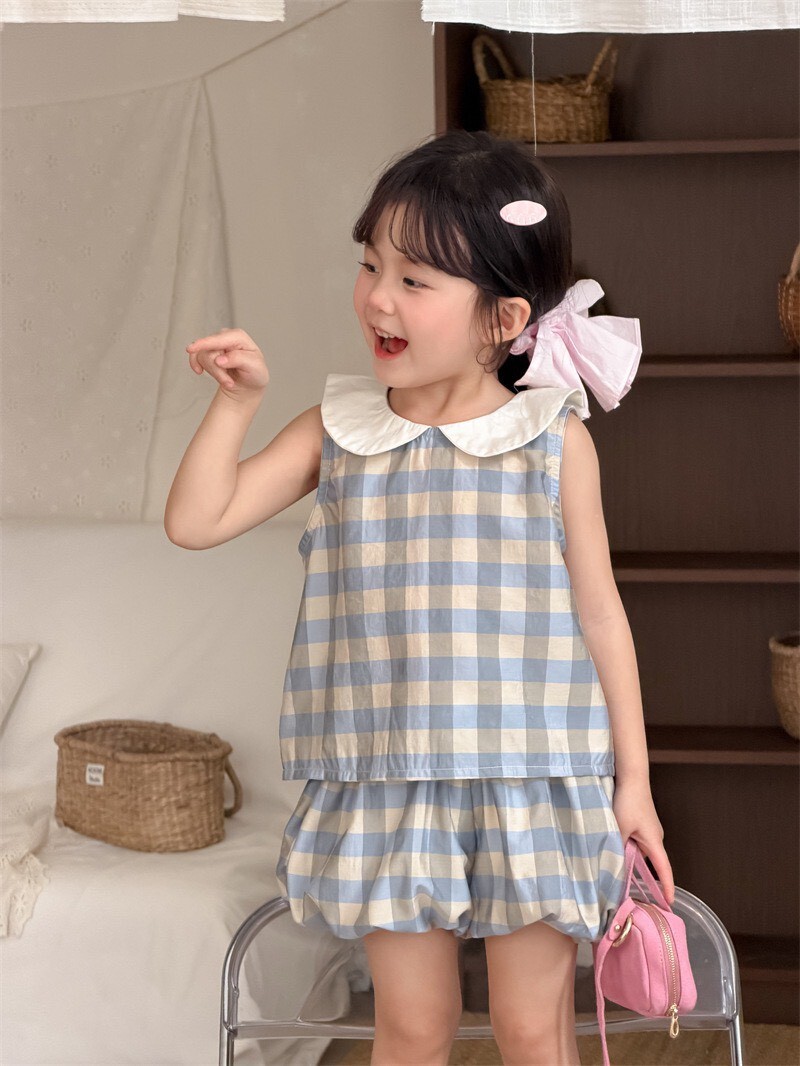 公主領口泡泡褲格子套裝ꕀꕀꕀ