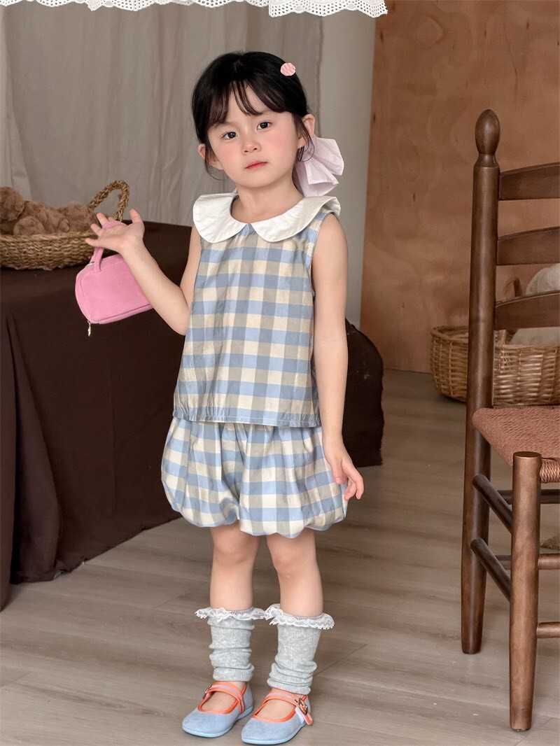 公主領口泡泡褲格子套裝ꕀꕀꕀ