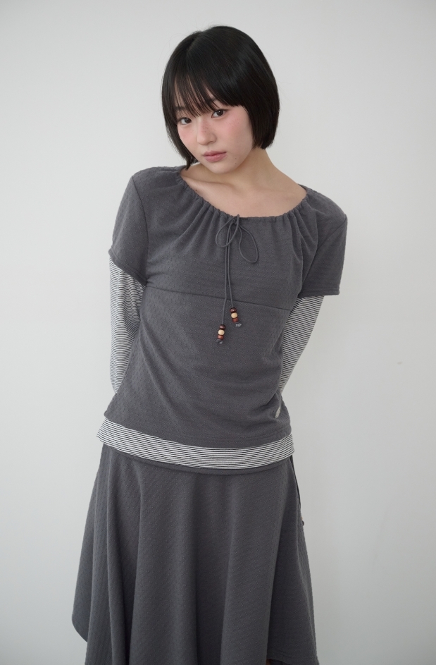 BAUF 條紋 皺褶 疊穿 假兩件 薄長袖