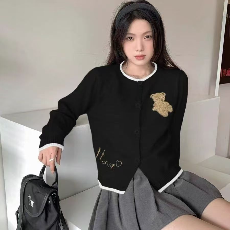 British Style Teddy Bear Crewneck Knit Cardigan