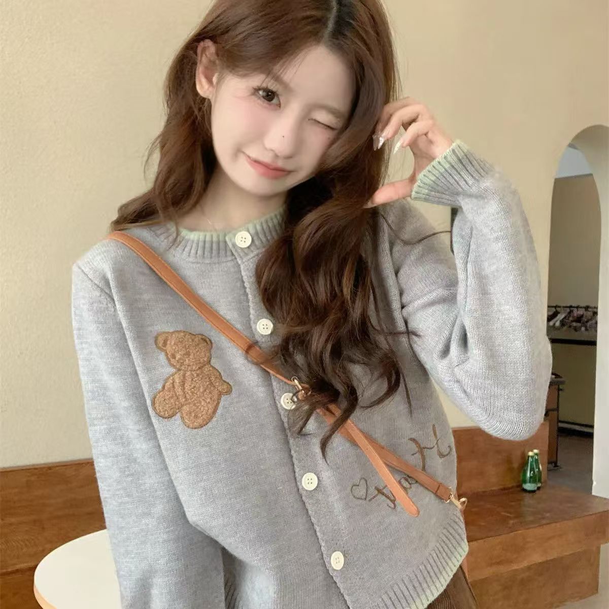 British Style Teddy Bear Crewneck Knit Cardigan