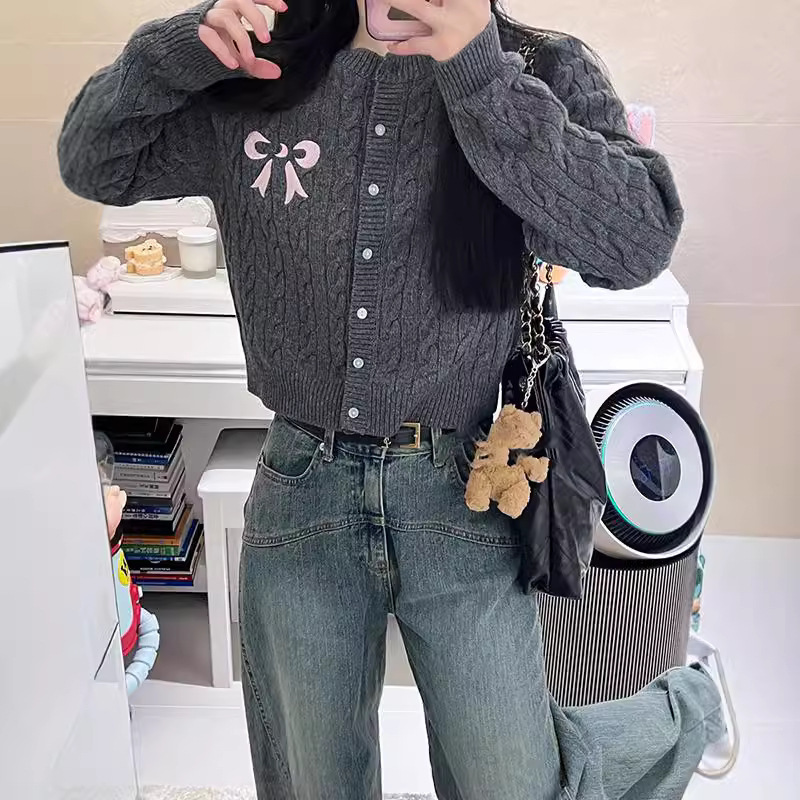 Preppy Style Tipsy Bow Cable Knit Cardigan