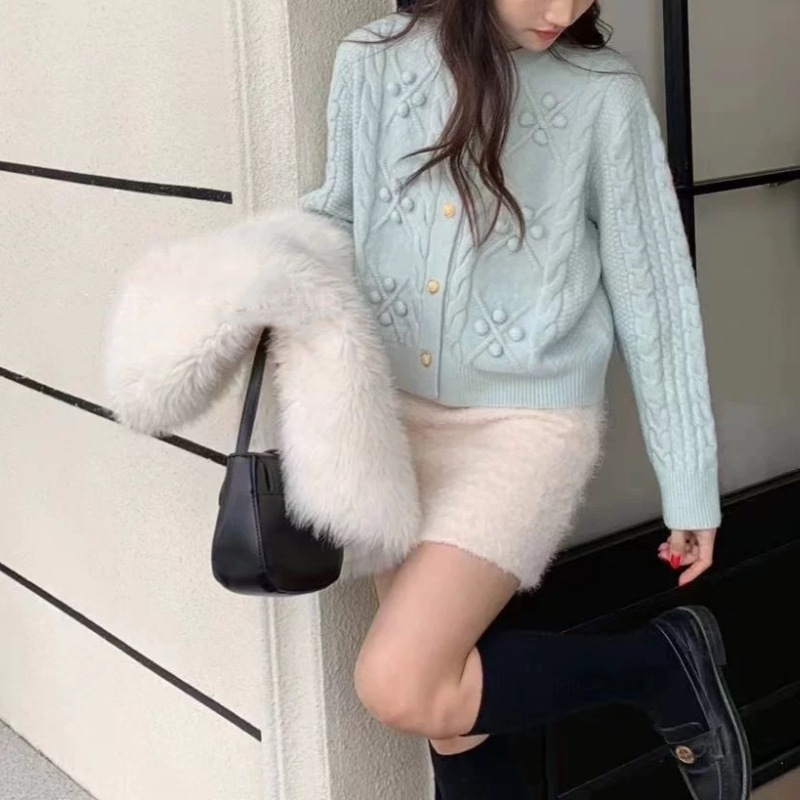 French Pom Pom Cable Knit Chic Cardigan
